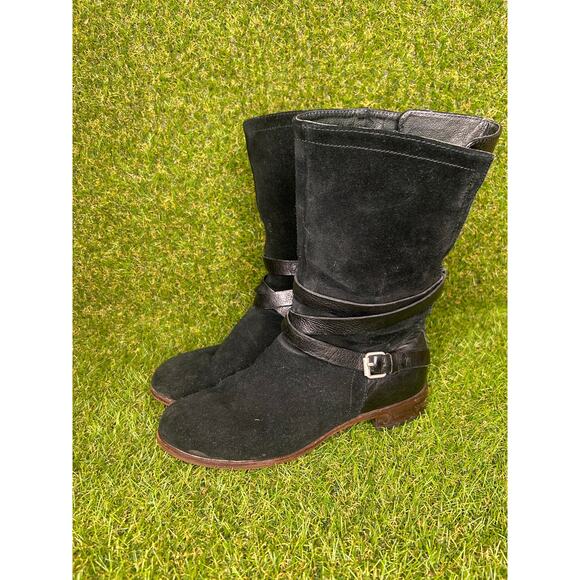 Ugg Deanna Black Suede Biker Mid Calf Boots Stylish Moto Chic Edgy Size 7 - Picture 3 of 12